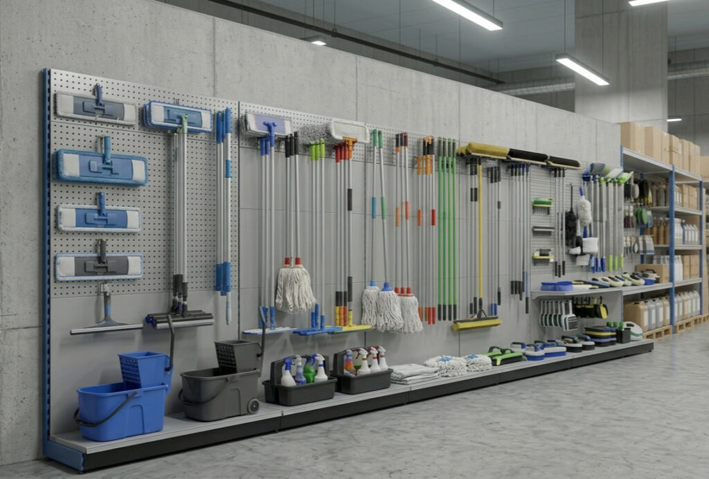 Reinigungszubehör im Lager Elchis Professional Hygiene Store, Fachgroßhandel für professionelle Reinigungsmittel